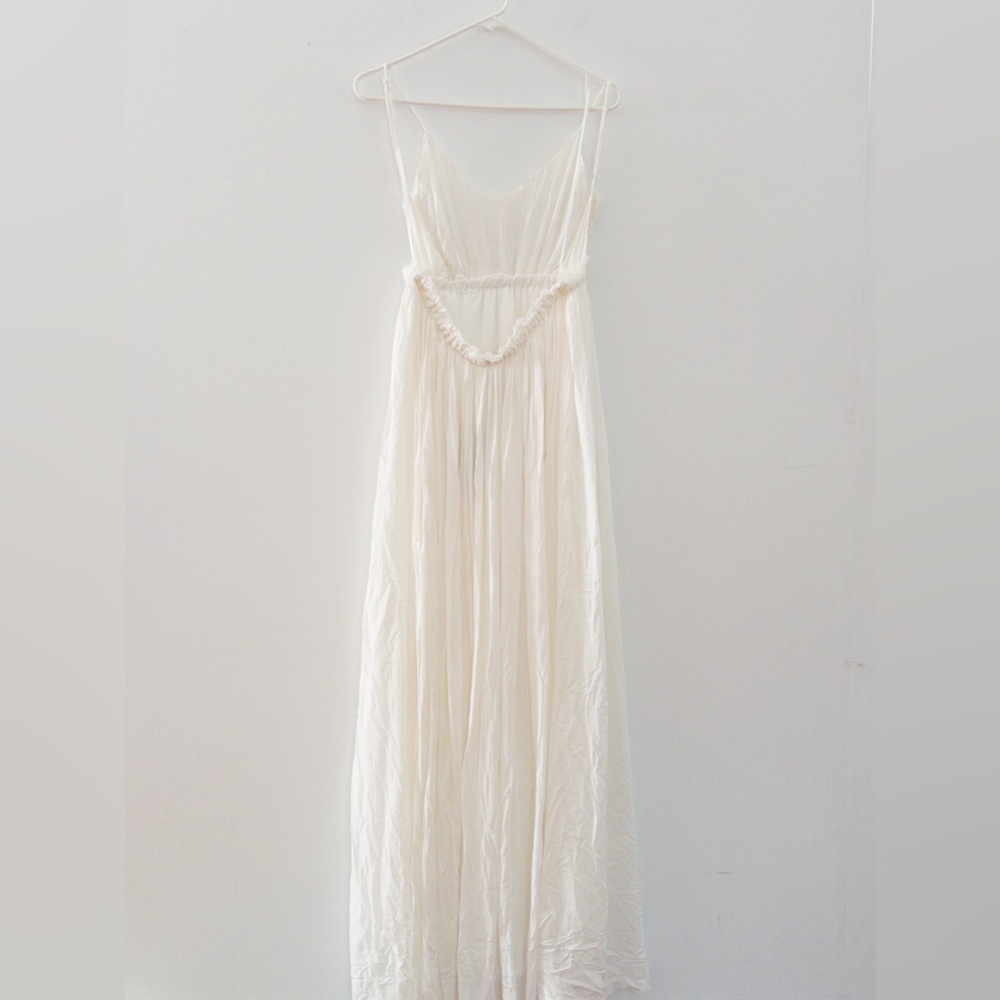 Fashion Nova, size XL long white maxi dress with boho loose threads & embroidery